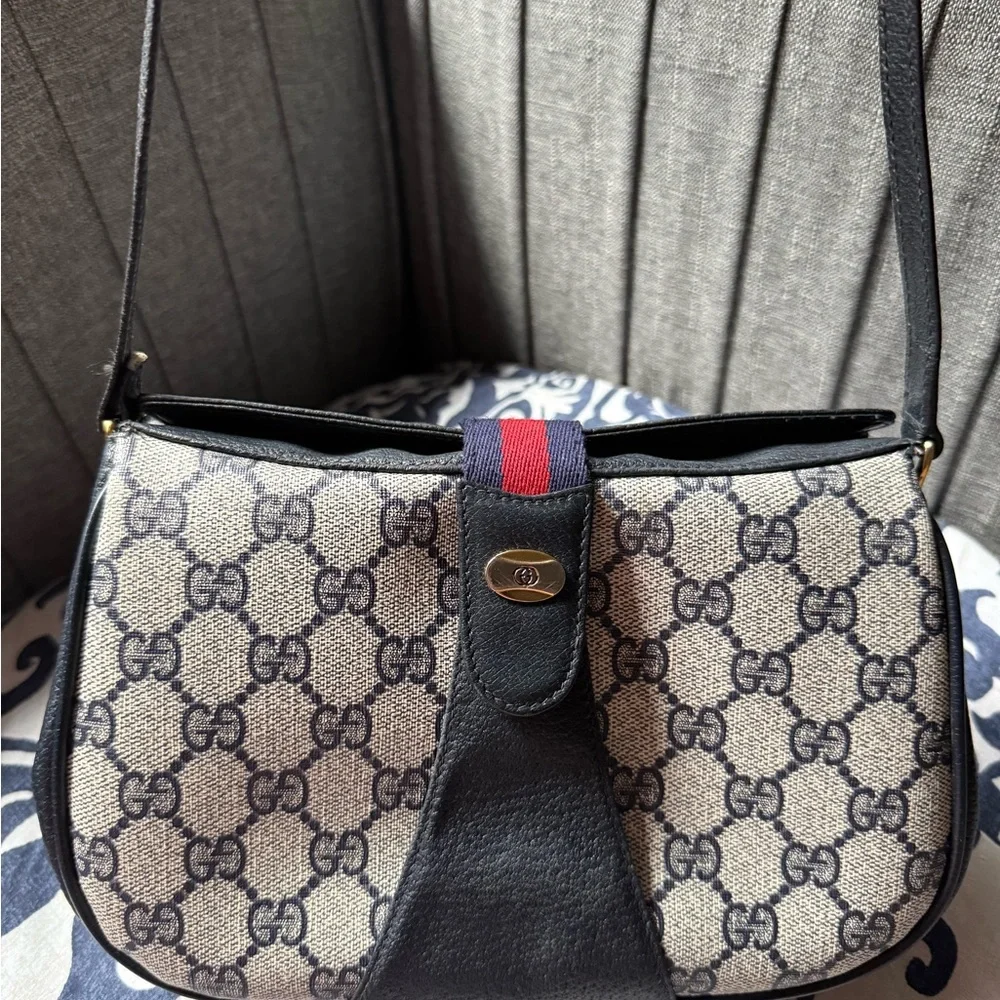 Gucci Beige Monogram Shoulder Bag with Navy and Red Web